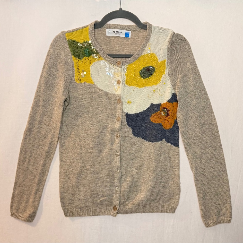 Sparrow Anthropologie Floral Sequin Beaded Cardigan Sweater Beige Wool Blend S